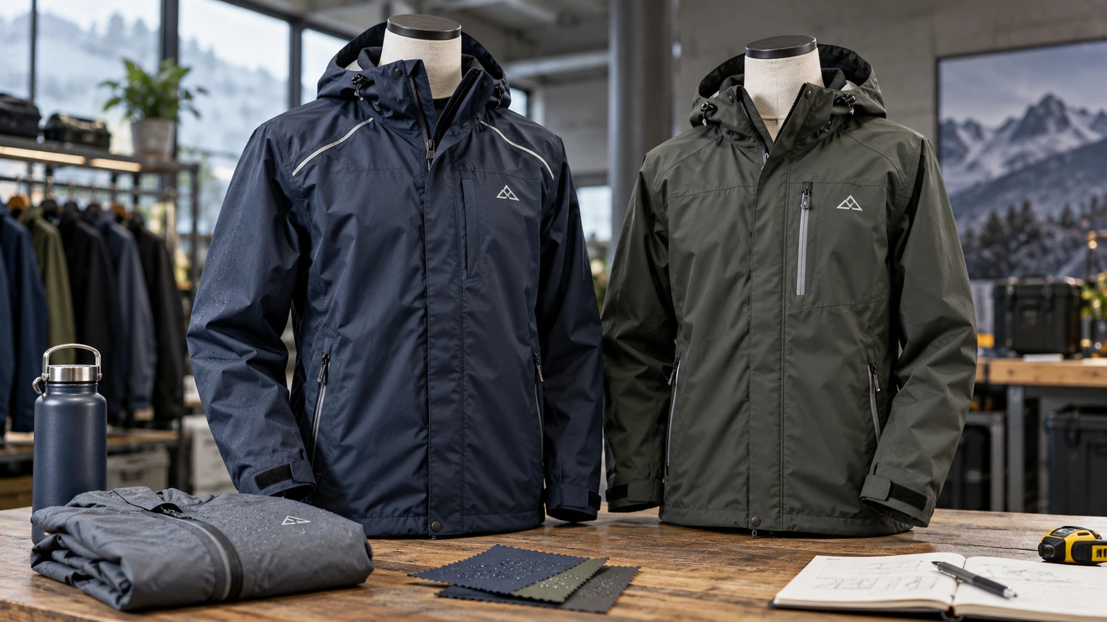 Navy and olive hooded corporate rain jackets on mannequins with waterproof fabric swatches