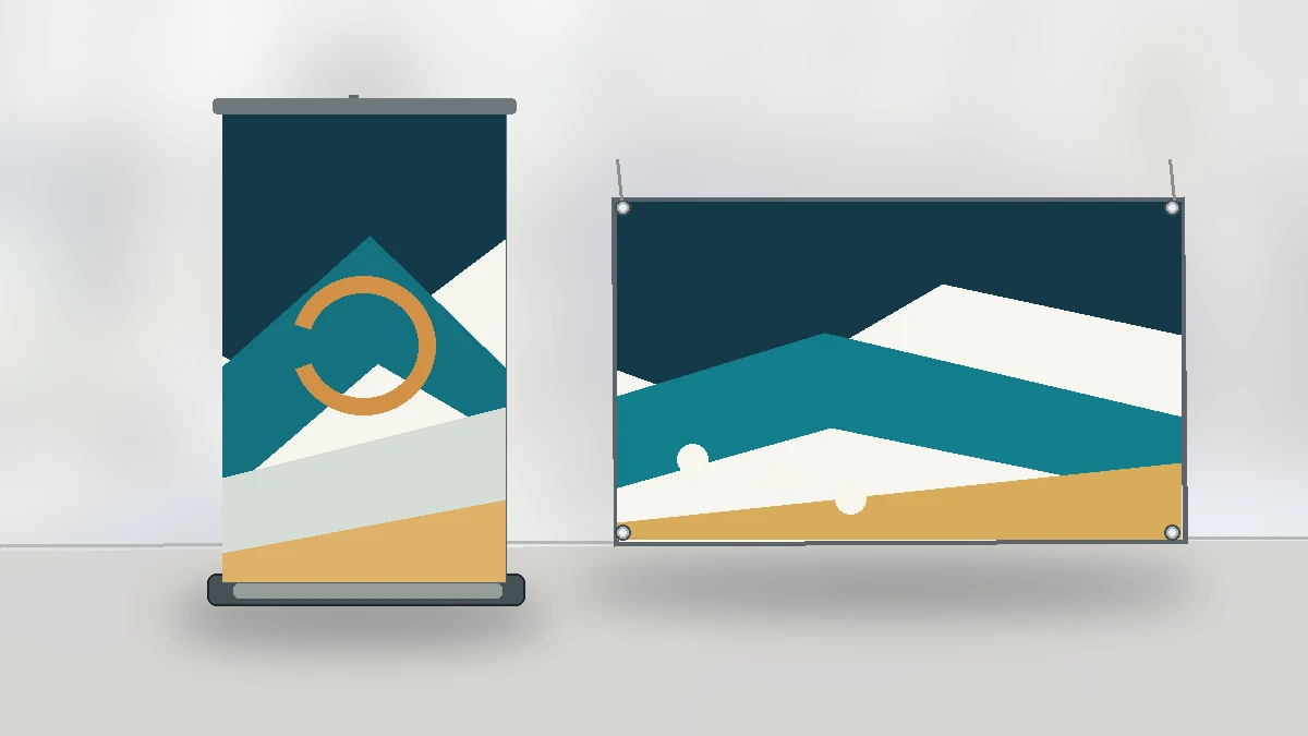 Professional roll-up banner and wider PVC display banner arranged in a modern retail showroom