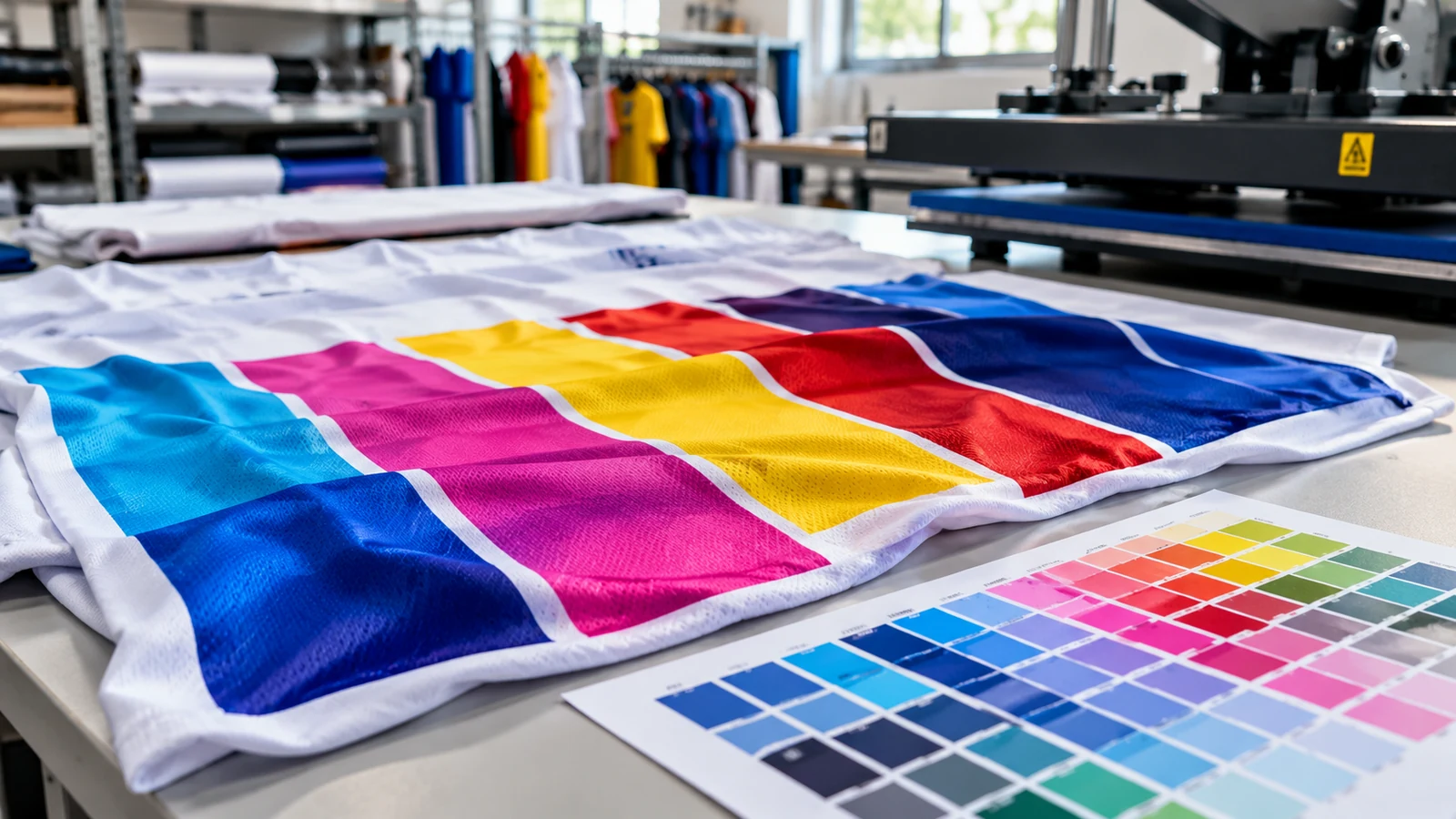 Colourful sublimated athletic fabric beside colour proof swatches in a garment print workshop
