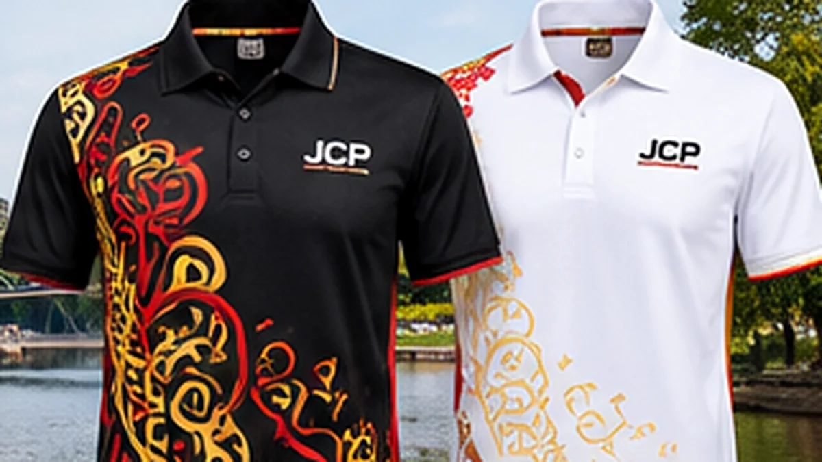 Black and white sample polos with red and gold batik-inspired decoration