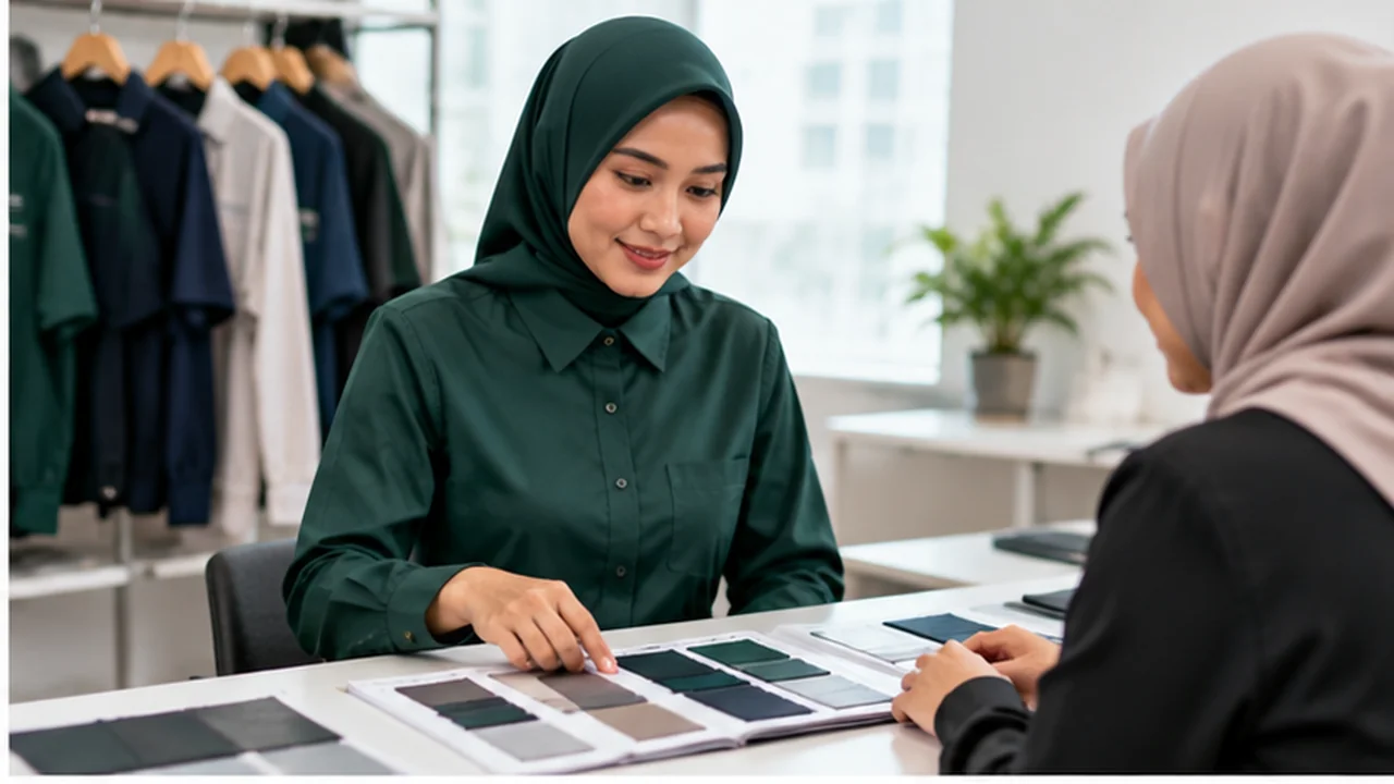 Two people discussing forest-green modest corporate shirt choices