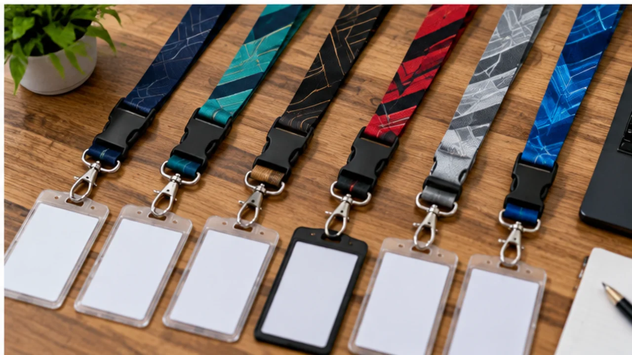 Colourful lanyards with different clips and blank cardholders