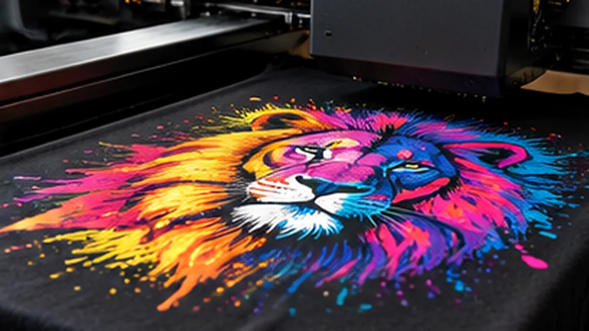Vibrant full-colour graphic on a dark garment in a printing setup