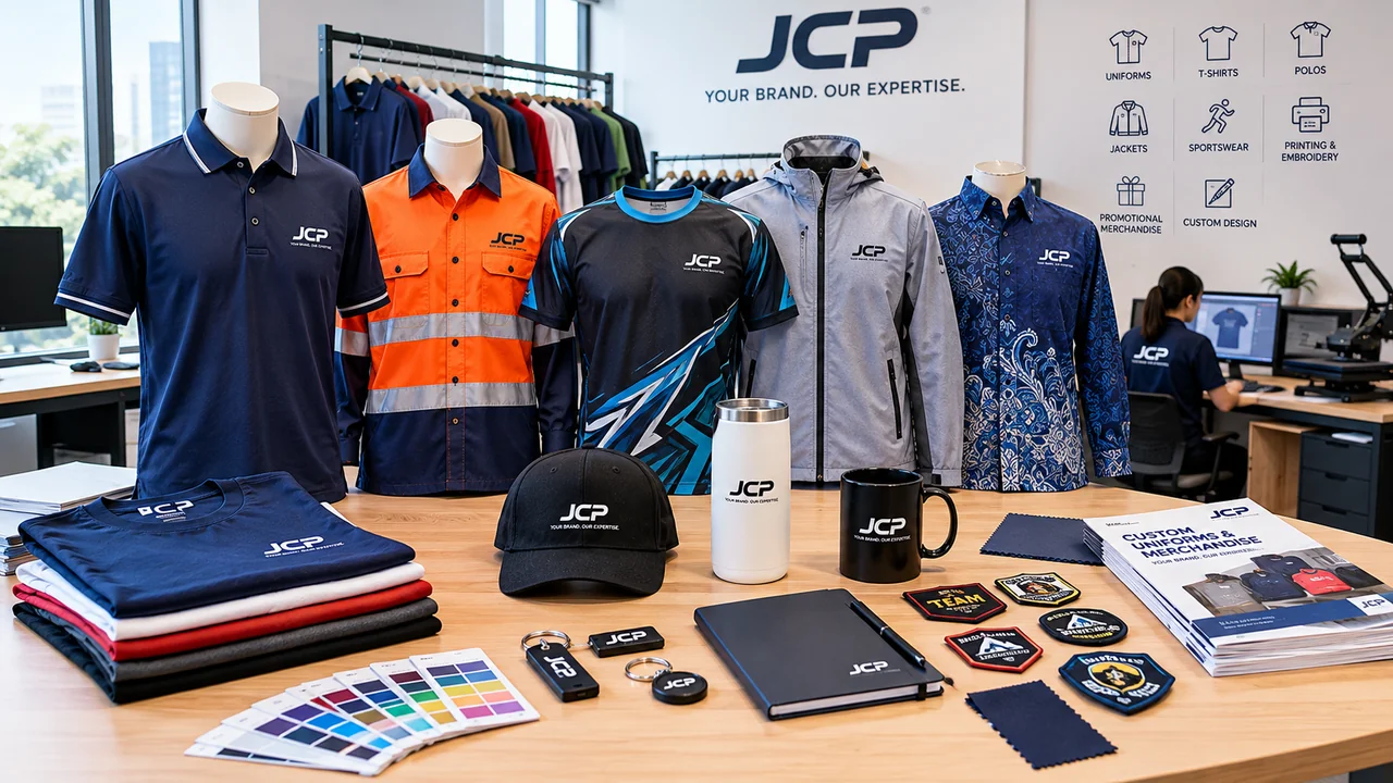 Studio display of different customised uniforms and graphic fabrics