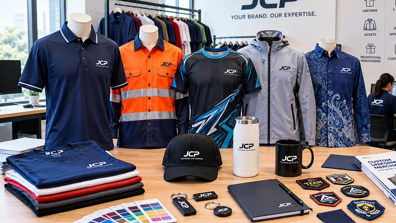 Selection of distinctive corporate and team uniforms in a showroom concept